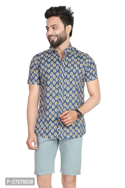 Stylish Blue Cotton Printed Short Sleeves Casual Shirt For Men-thumb0