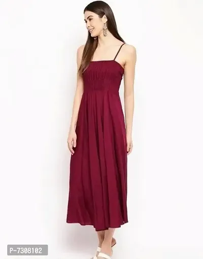 Reliable Maroon Rayon Long Flared Sleeveless Party Wear Dress For Women