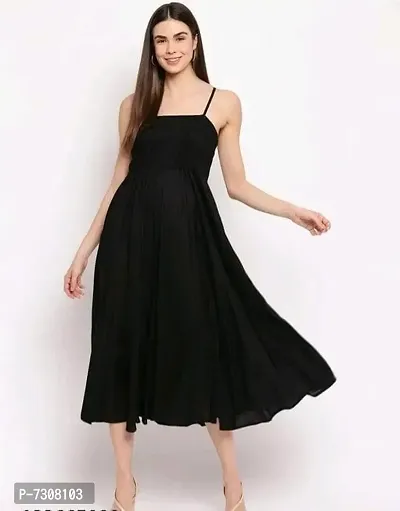 Reliable Black Rayon Long Flared Sleeveless Party Wear Dress For Women-thumb0