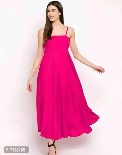 Reliable Pink Rayon Long Flared Sleeveless Party Wear Dress For Women