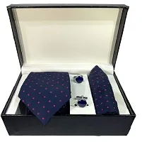 FashMade Men's Formal Tie Pocket square Cufflink LEATHER BOX Set Combo Premium Micro Fiber Tie 15 options 15 colors (Dark Blue-2)-thumb1