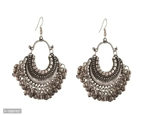 Michelangelo Fashion Oxidized Silver Afghani Tribal Dangler Hook Chandbali Earrings for Girls and Women-thumb2