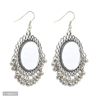 FashMade Stylish Round Mirror With Silver Beads Earring for Girls And Women