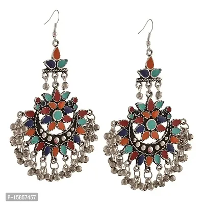 Michelangelo Fashion Oxidized Silver Afghani Tribal Dangler Hook Chandbali Earrings for Girls and Women-thumb3