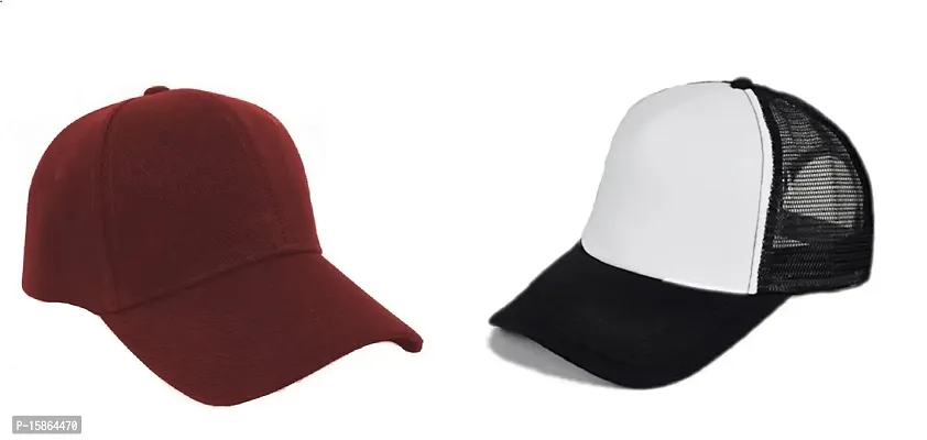 Michelangelo Maroon Cotton Baseball Cap and Black White Half Net Unisex Cap Combo