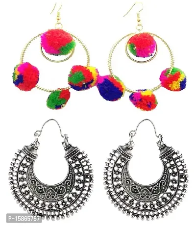 Michelangelo Oxidized Silver Hoop  Multicolor PomPom/Fashion/Trendy Earring For Women/Girls (Pack Of 2)