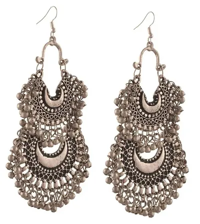 CosMos Double Chandbali Fancy Oxidized Afghani Tribal Mirror Earrings for Girls and Women