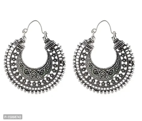 Michelangelo Oxidized Tibetan Style Hoop Earrings For Girls and Women (Silver)