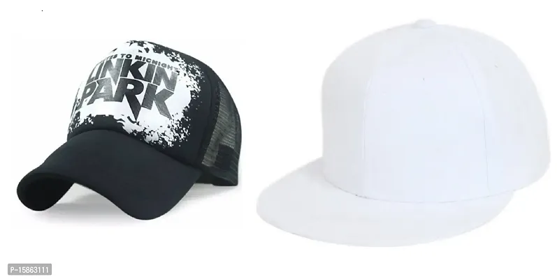 Michelangelo White Hip Hop Cap and Linkin Park Black Half Net Combo for Boys/Girls (Pack of 2) As Shown in Picture