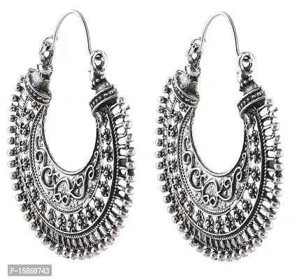 Michelangelo Oxidized Tibetan Style Hoop Earrings For Girls and Women (Silver)-thumb3