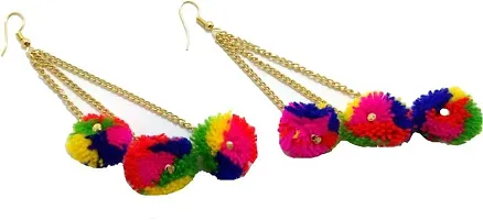 Michelangelo Multi-color Hanging/Dangle/Tassel Pom Pom Earnings For Women  Girls (3 Tassel)-thumb3