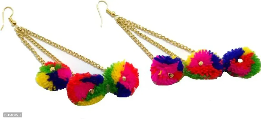 Michelangelo Multi-color Hanging/Dangle/Tassel Pom Pom Earnings For Women  Girls (3 Tassel)-thumb4