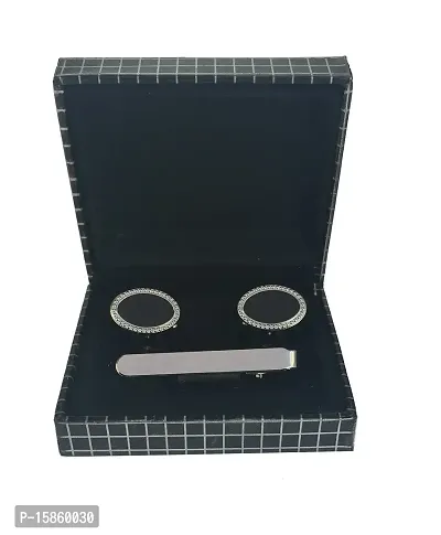 Men's simple oval cufflinks with silver tie pin set-thumb0