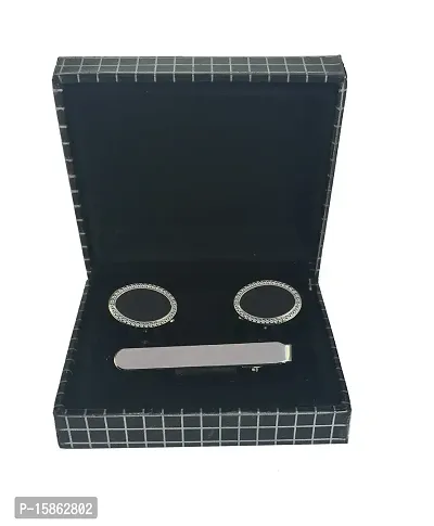 Michelangelo Men's oval black cufflink with silver tie pin combo-thumb0