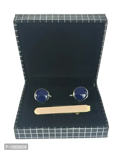 Men's blue cufflink with golden tie pin combo-thumb0