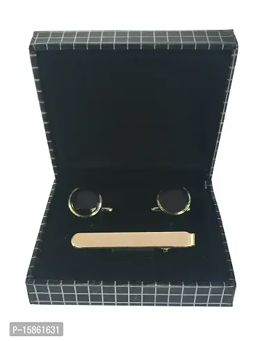 Men's black cufflink with golden tie pin combo-thumb0