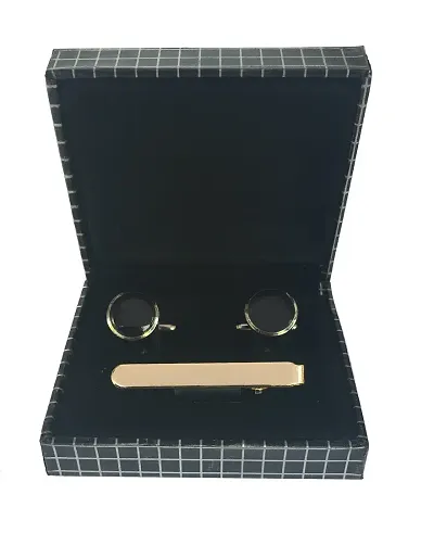 Men's black cufflink with golden tie pin combo