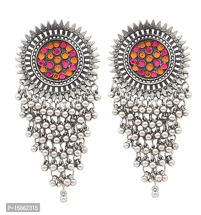 FashMade Ethnic Oxidized Earrings for Women Girls Boho theme Style Work Earrings loops chandbali hoops meena work Silver golden red pink blue (14)-thumb0
