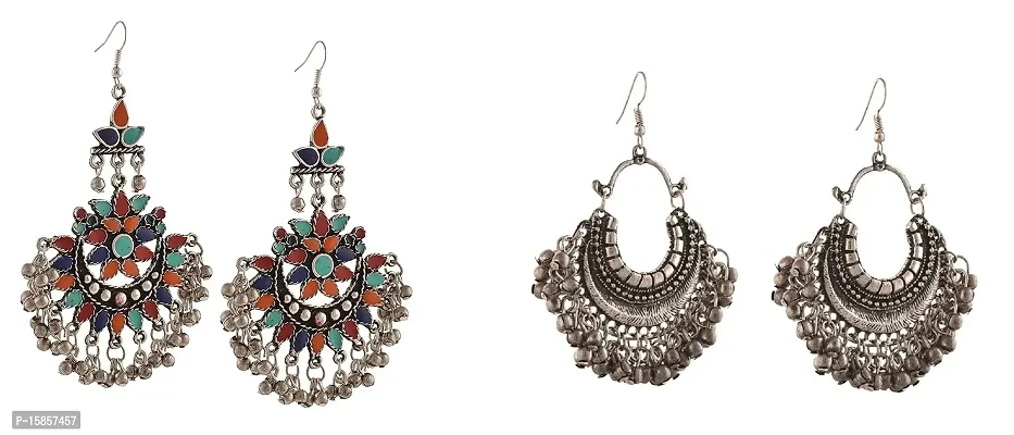 Michelangelo Fashion Oxidized Silver Afghani Tribal Dangler Hook Chandbali Earrings for Girls and Women-thumb0