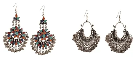 Michelangelo Fashion Oxidized Afghani Tribal Dangler Hook Chandbali Earrings for Girls and Women