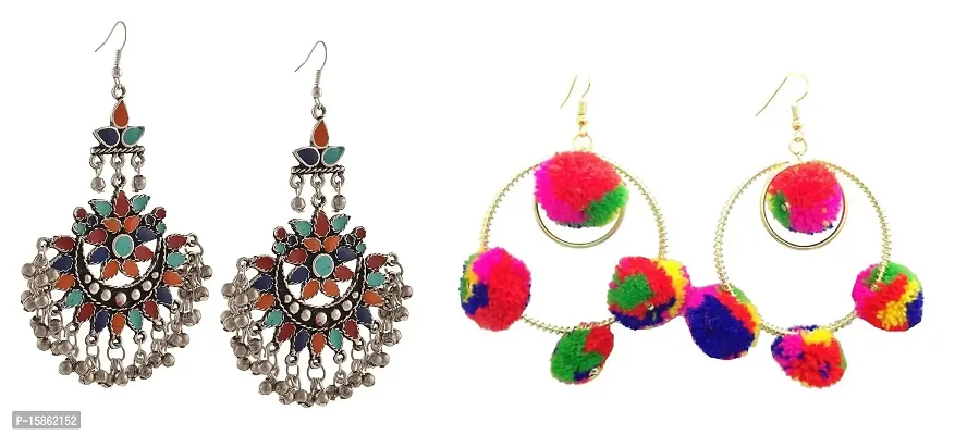 Michelangelo Bangle Loop Pom Pom Earring Combo For Girls and Womens Tassels Long Funky Earrings-thumb0