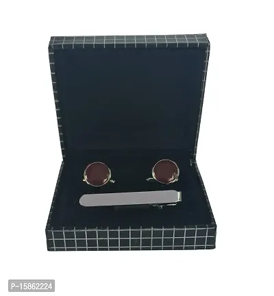 Men's brown cufflink with silver tie pin-thumb0