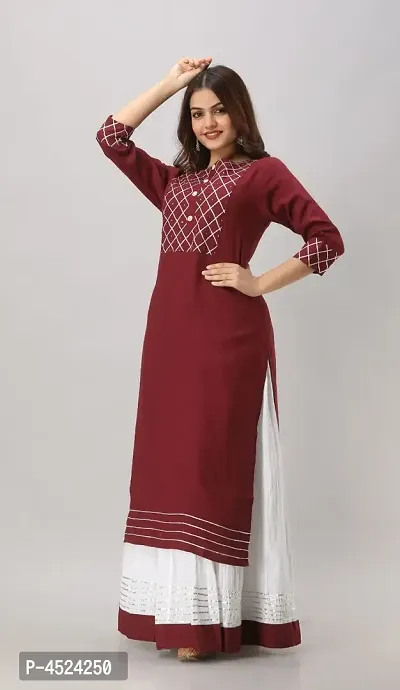 Stylish Rayon Solid Straight Kurta With Skirt Set (Maroon)-thumb2