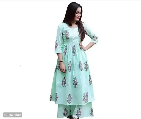 Beautiful Cotton Blue Printed Kurta Pant Set For Women-thumb0