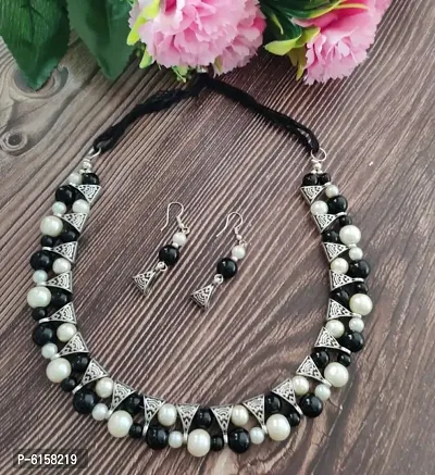 Bevy Pearls Oxidised Silver Afghani Boho Traditional Trendy Black and White Mala necklace set with ​earrings for women and girl