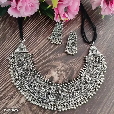 Bevy Pearls Oxidised Silver Afghani Boho Traditional Trendy choker necklace set with ​earrings for women and girl