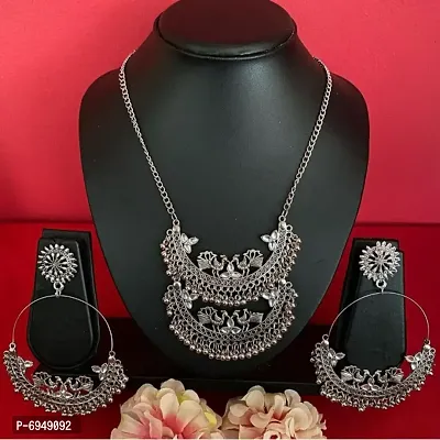 Pearls Oxidised Silver Anushka Inspired Afghani Boho Traditional Trendy Long Chain necklace set with ​earrings-thumb0