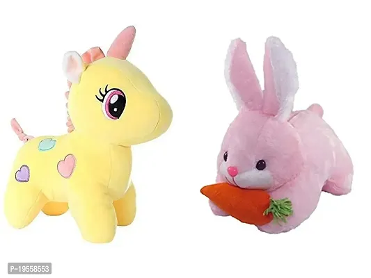 DTSM COLLECTION 1 Pcs Yellow Unicorn and 1 Pcs Pink Rabbit Carrot Plush Soft Toy Cute Kids Birthday Animal Baby Boys/Girls (Unicorn - 25 cm and Rabbit - 25 cm)