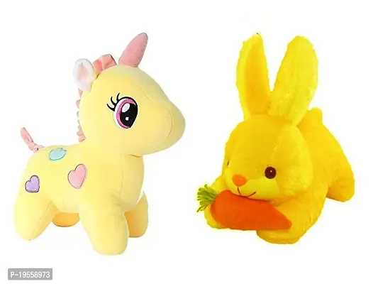 DTSM COLLECTION 1 Pcs Yellow Unicorn and 1 Pcs Yellow Rabbit Carrot Plush Soft Toy Cute Kids Birthday Animal Baby Boys/Girls (Unicorn - 25 cm and Rabbit - 25 cm)