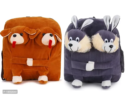 Double Face Dog And Grey Bunny Bag Soft Material School Bag For Kids Plush Backpack Cartoon Toy | Children's Gifts Boy/Girl/Baby For Kids (Age 2 to 6 Year) and Suitable For Nursery,UKG,NKG Student-thumb0