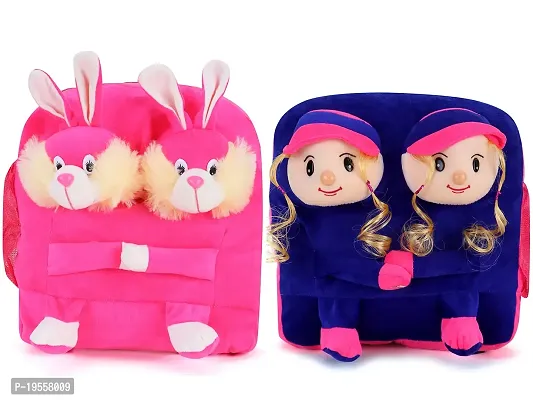 Double Face Pink Bunny And Purple Doll Bag Soft Material School Bag For Kids Plush Backpack Cartoon Toy | Children's Gifts Boy/Girl/Baby For Kids (Age 2 to 6 Year) and Suitable For Nursery,UKG,NKG-thumb0