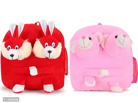 Double Face Red Bunny And Teddy Bag Soft Material School Bag For Kids Plush Backpack Cartoon Toy | Children's Gifts Boy/Girl/Baby For Kids (CAge 2 to 6 Year ) and Suitable For Nursery,UKG,NKG