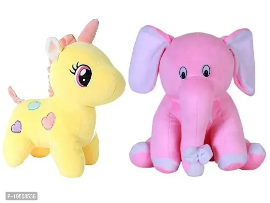 DTSM COLLECTION 1 Pcs Yellow Unicorn and 1 Pcs Pink Appu Elephant Plush Soft Toy Cute Kids Birthday Animal Baby Boys/Girls (Unicorn - 25 cm and Elephant - 25 cm)