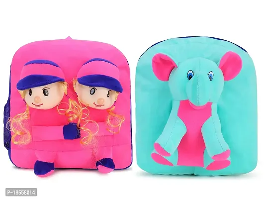 Double Face Pink Doll And Green Elephant Bag Soft Material School Bag For Kids Plush Backpack Cartoon Toy | Children's Gifts Boy/Girl/Baby For Kids (Age 2 to 6 Year) and Suitable For Nursery,UKG,NKG