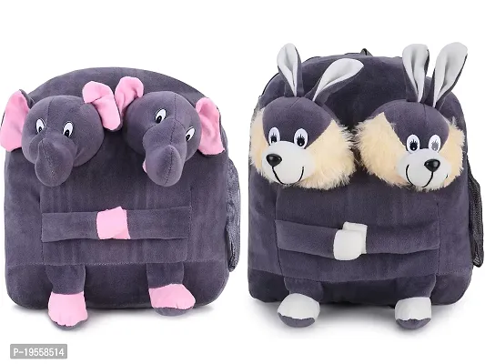 Double Face Elephant And Grey Bunny Bag Soft Material School Bag For Kids Plush Backpack Cartoon Toy | Children's Gifts Boy/Girl/Baby For Kids (Age 2 to 6 Year) and Suitable For Nursery,UKG,NKG