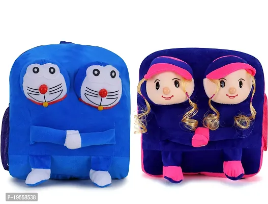 Double Face Doaremon And Purple Doll Bag Soft Material School Bag For Kids Plush Backpack Cartoon Toy | Children's Gifts Boy/Girl/Baby For Kids ( Age 2 to 6 Year ) and Suitable For Nursery,UKG,NKG