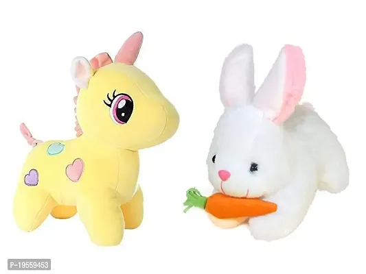 DTSM COLLECTION 1 Pcs Yellow Unicorn and 1 Pcs White Rabbit Carrot Plush Soft Toy Cute Kids Birthday Animal Baby Boys/Girls (Unicorn - 25 cm and Rabbit - 25 cm)
