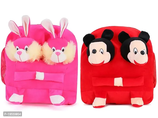 Double Face Pink Bunny And Mickey Bag Soft Material School Bag For Kids Plush Backpack Cartoon Toy | Children's Gifts Boy/Girl/Baby For Kids ( Age 2 to 6 Year ) and Suitable For Nursery,UKG,NKG-thumb0