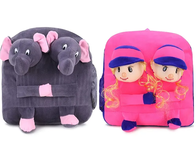 Double Face Elephant And Doll Bag Soft Material School Bag For Kids Plush Backpack Cartoon Toy | Children's Gifts Boy/Girl/Baby For Kids ( Age 2 to Year ) and Suitable For Nursery,UKG,NKG