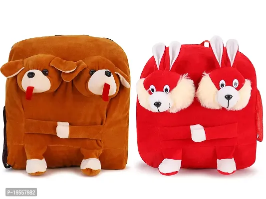 Double Face Dog And Red Bunny Bag Soft Material School Bag For Kids Plush Backpack Cartoon Toy | Children's Gifts Boy/Girl/Baby For Kids (Age 2 to 6 Year) and Suitable For Nursery,UKG,NKG Student