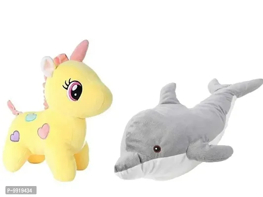 1 Pcs Grey Fish And 1 Pcs Yellow Unicorn High Quality Soft Martial Toys ( Fish - 30 cm And Unicorn - 25 cm )