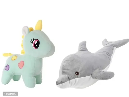 1 Pcs Grey Fish And 1 Pcs Green Unicorn High Quality Soft Martial Toys ( Fish - 30 cm And Unicorn - 25 cm )