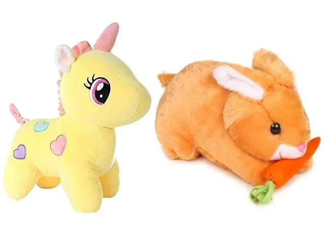 2 Pcs Yellow Unicorn And Pink Rabbit Soft Toys Best Gift For Valentine Day,