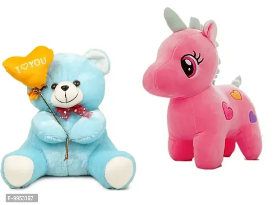 1 Pcs Blue Teddy And 1 Pcs Pink Unicorn High Quality Soft Martial Toys ( Teddy - 25 cm And Unicorn - 25 cm )-thumb0