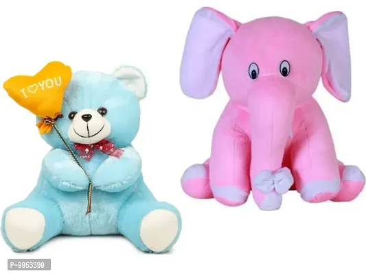 1 Pcs Blue Teddy And 1 Pcs Pink Appu Elephant High Quality Soft Martial Toys ( Teddy - 25 cm And Elephant - 25 cm )