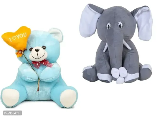 1 Pcs Blue Teddy And 1 Pcs Grey Appu Elephant High Quality Soft Martial Toys ( Teddy - 25 cm And Elephant - 25 cm )
